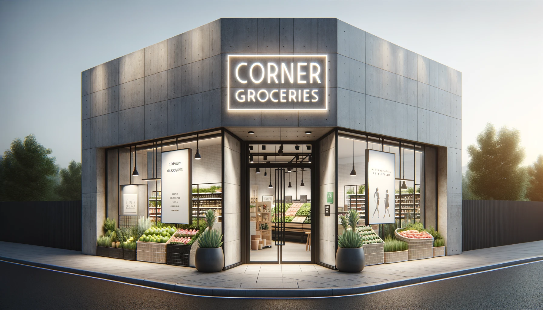 corner groceries shop front design